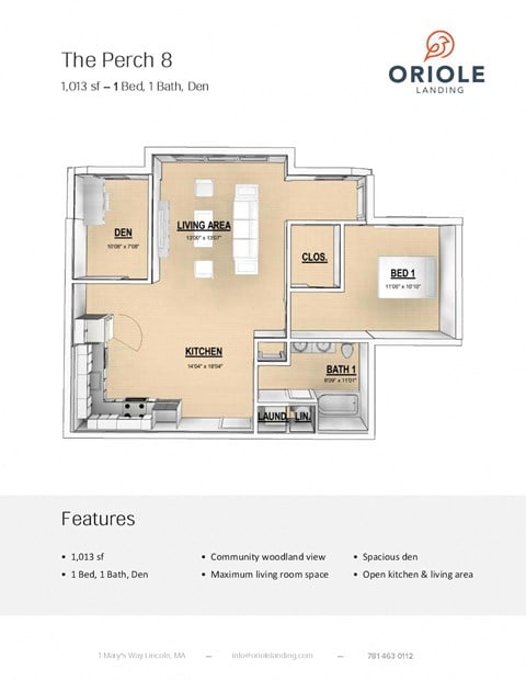 Floor plan for 1 bed, 1 bath, 1013 sqft